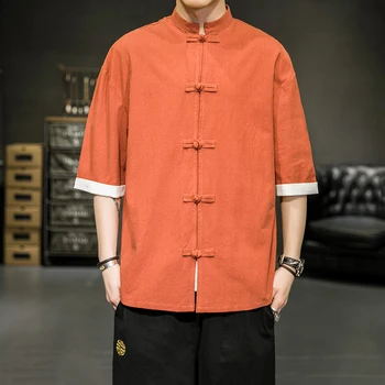 Свободная рубашка в тон шинуазри, Японское кимоно, Китайская рубашка со стоячим воротником и коротким рукавом, мужская рубашка, Корейская футболка, пальто