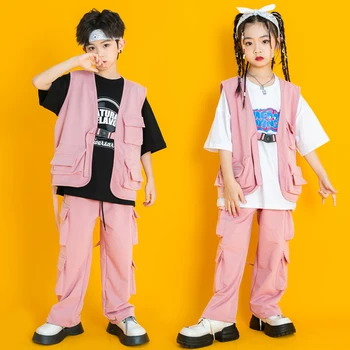 Детская уличная одежда, демонстрирующая наряды в стиле хип-хоп, розовый жилет-карго, футболка, повседневные брюки для девочек и мальчиков, одежда для джазовых танцев