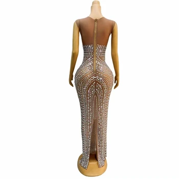 Вечернее праздничное платье со стразами для подиума, Прозрачное сетчатое платье без рукавов с кристаллами, длинное платье певицы, костюм ведущего сценического представления