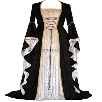 Средневековый ретро Придворный костюм принцессы Косплей Хэллоуин Европейское Женское Длинное платье Элегантная Маскарадная одежда с квадратным воротником Ведьмы