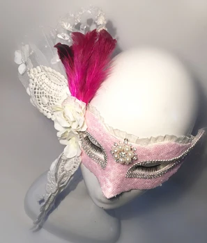Цветочная маска с перьями и жемчугом, маска с кружевными лилиями на Хэллоуин, Маскарадная Венецианская розовая маска ручной работы