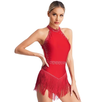 Женское платье для латиноамериканских танцев, трико с кисточками, блестящие стразы, боди с бахромой, костюм для выступлений в бальном танго, Ча-ча-ча Сальса