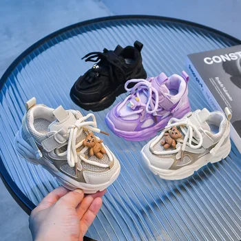 Новинка 2024 года, Детские Сетчатые Дышащие Кроссовки Для Мальчиков И Девочек, Спортивная Обувь В Корейском стиле С Милым Медведем, Обувь для Малышей, Детская Уличная Обувь