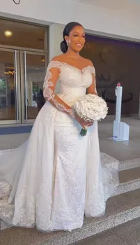Новое свадебное платье со съемным хвостом Африканской Русалки, сетчатое Винтажное кружевное свадебное платье невесты с большим хвостом