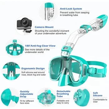 Маска для подводного плавания, набор складных масок для дайвинга с системой сухого верха и креплением для камеры, профессиональное снаряжение для подводного плавания с защитой от запотевания-зеленый