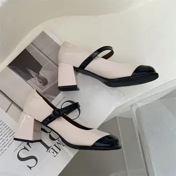 2024 Летние туфли на высоком каблуке с круглым носком, квадрат в тон с готической однолинейной пряжкой Mary Jane, простой модный базовый стиль