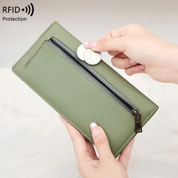 Женский кошелек RFID с противоугонной щеткой из искусственной кожи, однотонная ультратонкая сумка для кредитных карт, длинный кошелек на молнии с пряжкой, оптовая продажа