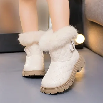 2023 Новая кожаная обувь для девочек из искусственной кожи, теплые плюшевые однотонные детские полусапожки, стразы, Универсальные нескользящие детские повседневные ботинки из искусственной кожи