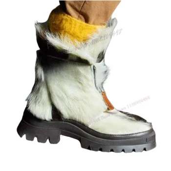 Белые Пушистые Мужские Зимние ботинки На платформе С круглым Носком, Обувь в Британском стиле На Массивном каблуке, Подиумная Зимняя обувь 2023 Zapatos Para Hombres