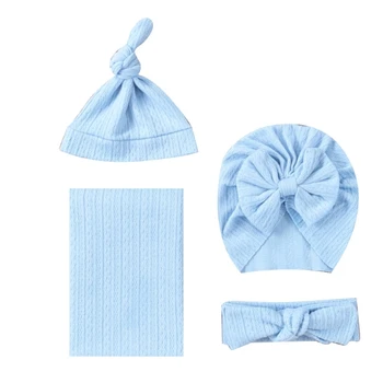 Комплект из 4 предметов, одеяло для новорожденных, повязка на голову, комплект шляп, детская одежда, пеленальное одеяло, подарок для душа для новорожденных, 8 цветов