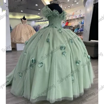 Пышные платья принцессы Шалфея с 3D цветами, кружевная аппликация, расшитая бисером, бальные платья для выпускного вечера, платье Sweet 16 на день рождения, Vestidos