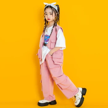 Детская уличная одежда, демонстрирующая наряды в стиле хип-хоп, розовый жилет-карго, футболка, повседневные брюки для девочек и мальчиков, одежда для джазовых танцев