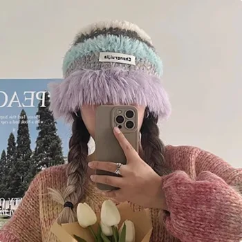 Новые женские шапки из плюша контрастного цвета, осенне-зимние модные Корейские повседневные теплые шапки-ведерки с имитацией норки