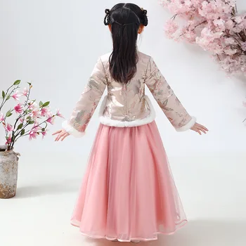 Зимний новый детский костюм Тан, милые китайские девочки из древнего Ханфу, костюмы для выступлений, Одежда с вышивкой, Одежда с хлопчатобумажной подкладкой.
