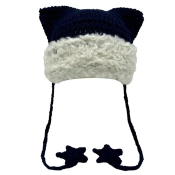 Вязаная шапка ручной работы в форме кошачьих ушей, зимняя шапка для девочек