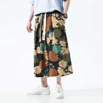 Уличная одежда 2024, Широкие брюки с цветочным рисунком, Новые спортивные штаны для бега трусцой, мужские повседневные брюки-кимоно в японском стиле Оверсайз, свободные 5XL