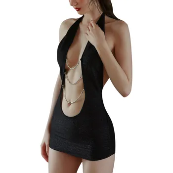 Сексуальная ночная сорочка с открытой спиной, глубокий U-образный вырез, ночное белье с цепочкой, мини-облегающее платье, женское эластичное черное экзотическое нижнее белье