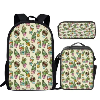 Набор школьных сумок с рисунком мультяшного кактуса в горшке из 3шт., Сумка для студенческих книг с сумкой для ланча, сумка для карандашей, рюкзак для хранения для мальчиков и девочек