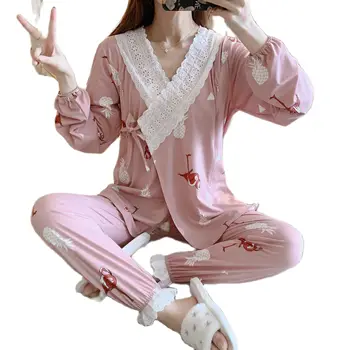 Весенне-летний Пижамный комплект для беременных, рубашки для кормления на молнии + брюки Twinset, пижамы для беременных и кормящих с длинным рукавом, Период лактации