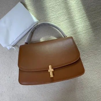 Женская сумочка из воловьей кожи с Т-образной металлической пряжкой в стиле ретро среднего размера