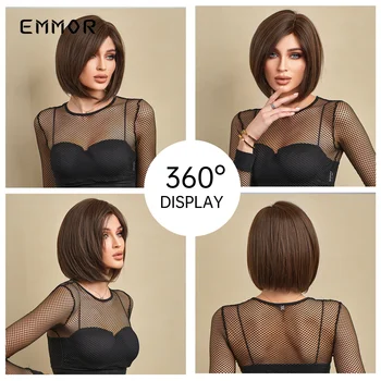 Синтетические коричневые короткие прямые парики Emmor с челкой сбоку, натуральный боб, синтетические волосы для женщин, термостойкий парик для косплея