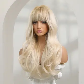 Светло-русый женский парик без цельной челки с натуральной волнистой челкой из 100% человеческих волос 24 дюйма