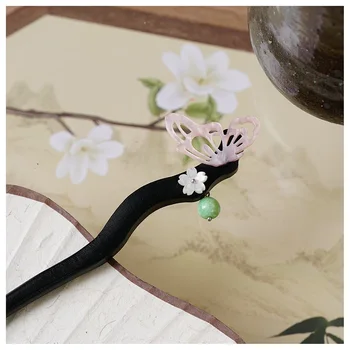 Палочка для волос с бабочками и цветами, женская булавка-шиньон, деревянная булочка, держатель для одежды Cheongsam Han, чайной одежды