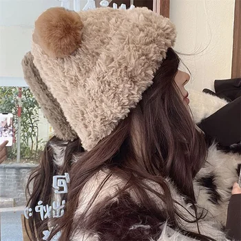 Новая женская зимняя теплая шерстяная шапка с Медвежьими ушками, Толстые Плюшевые Модные Милые Повседневные Женские шапки для защиты ушей, Милые женские шапки для отдыха