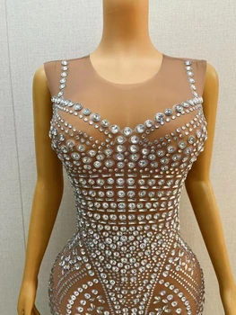 Вечернее праздничное платье со стразами для подиума, Прозрачное сетчатое платье без рукавов с кристаллами, длинное платье певицы, костюм ведущего сценического представления
