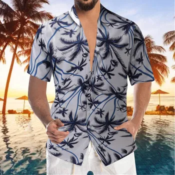 Мужские летние модные рубашки для отдыха Приморский пляж Рубашка с коротким рукавом и принтом Повседневная Верхняя блузка Кардиган с цветочным рисунком Блузки