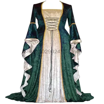 Средневековый ретро Придворный костюм принцессы Косплей Хэллоуин Европейское Женское Длинное платье Элегантная Маскарадная одежда с квадратным воротником Ведьмы