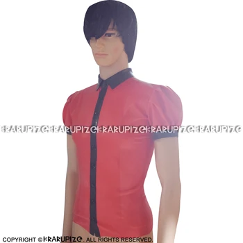 Красно-черная сексуальная латексная рубашка с пуговицами спереди, с короткими рукавами, резиновая блузка, верхняя одежда YF-0119