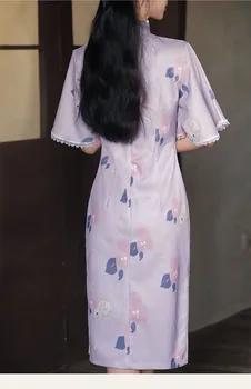 Женское фиолетовое винтажное платье, летнее милое короткое платье Чонсам, традиционное китайское летнее Ципао со свободным рукавом от S до XXL