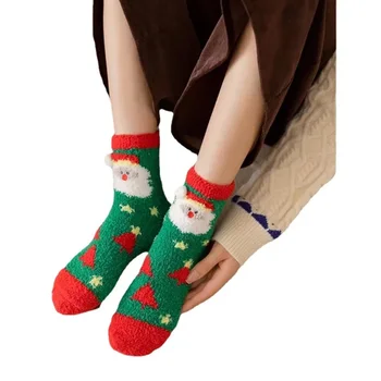Стильные и удобные Новые мультяшные коралловые бархатные носки для Санта-Клауса, чулки в полоску из лося для теплого Рождества