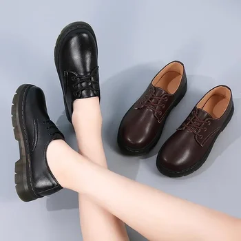 Зимняя Теплая Обувь для девочек, Новинка 2023 года, Женская Осенне-зимняя обувь в Британском стиле с толстой подошвой, Черная Кожаная обувь Большого размера
