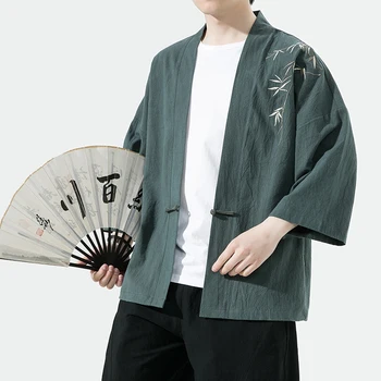 Летний Мужской Кардиган 2024, Японское Кимоно, Мужской костюм Самурая, одежда Bomboo, Мужская рубашка-кимоно, Юката Хаори, Повседневное пальто