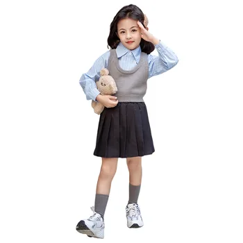 Осенний комплект одежды jk для девочек, жилет + рубашка в полоску + юбка в складку, 3 предмета, детский костюм в стиле академии, детская одежда, vetement fille