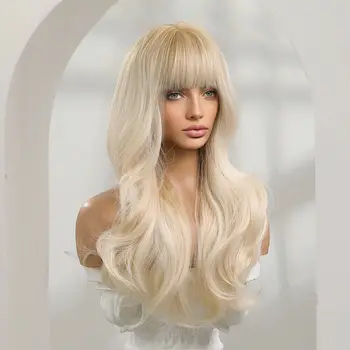 Светло-русый женский парик без цельной челки с натуральной волнистой челкой из 100% человеческих волос 24 дюйма