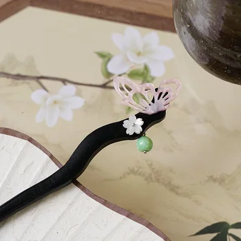 Палочка для волос с бабочками и цветами, женская булавка-шиньон, деревянная булочка, держатель для одежды Cheongsam Han, чайной одежды