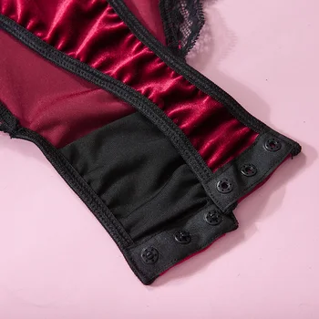 Женское сексуальное боди, красное бархатное кружевное облегающее белье в стиле пэчворк, мягкий теплый комбинезон с открытой промежностью, нижнее белье