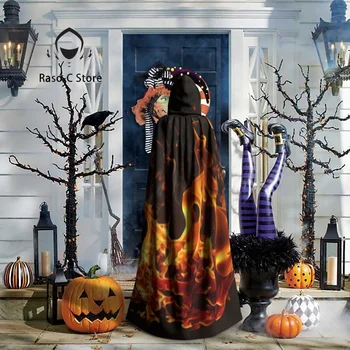 Плащ для взрослых с капюшоном с рисунком пламени Средневековый костюм Ведьмы Викки Вампира Эльфа Пурим Карнавальная вечеринка