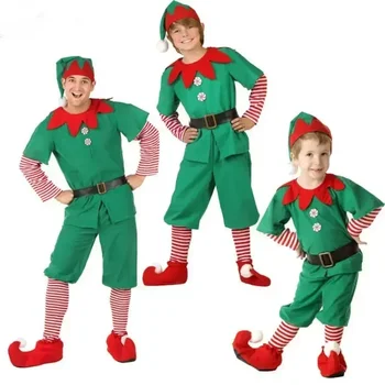 Зеленый Рождественский эльф Косплей костюм Санта Клауса Наряд Мужчины Женщины Девочки Мальчики Рождественская Семейная вечеринка Новогодний Необычный наряд