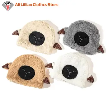 Шапка в форме маленькой овечки с милыми ушками, плюшевая зимняя утепленная шапочка из овечьей шерсти для младенцев, однотонные мультяшные шапочки для защиты животных