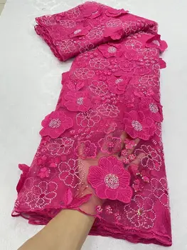2024 Высококачественная Африканская Нигерийская Кружевная Ткань С Вышивкой Тюль Чистое Свадебное Платье Гипюр Блестки Для Шитья Бисером 5 ярдов
