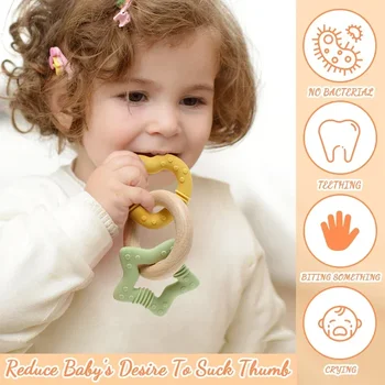 3 в 1 Детское Деревянное Кольцо Силиконовый Прорезыватель Без BPA Милые Мультяшные Детские Жевательные Игрушки Для Коренных Зубов Кольца для Прорезывания Зубов для Младенцев Подарки Для Новорожденных